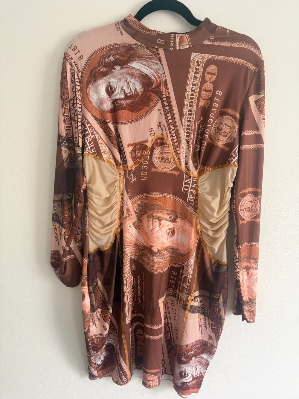SHEIN Brown Beige Ruched Money-Print Mini Dress